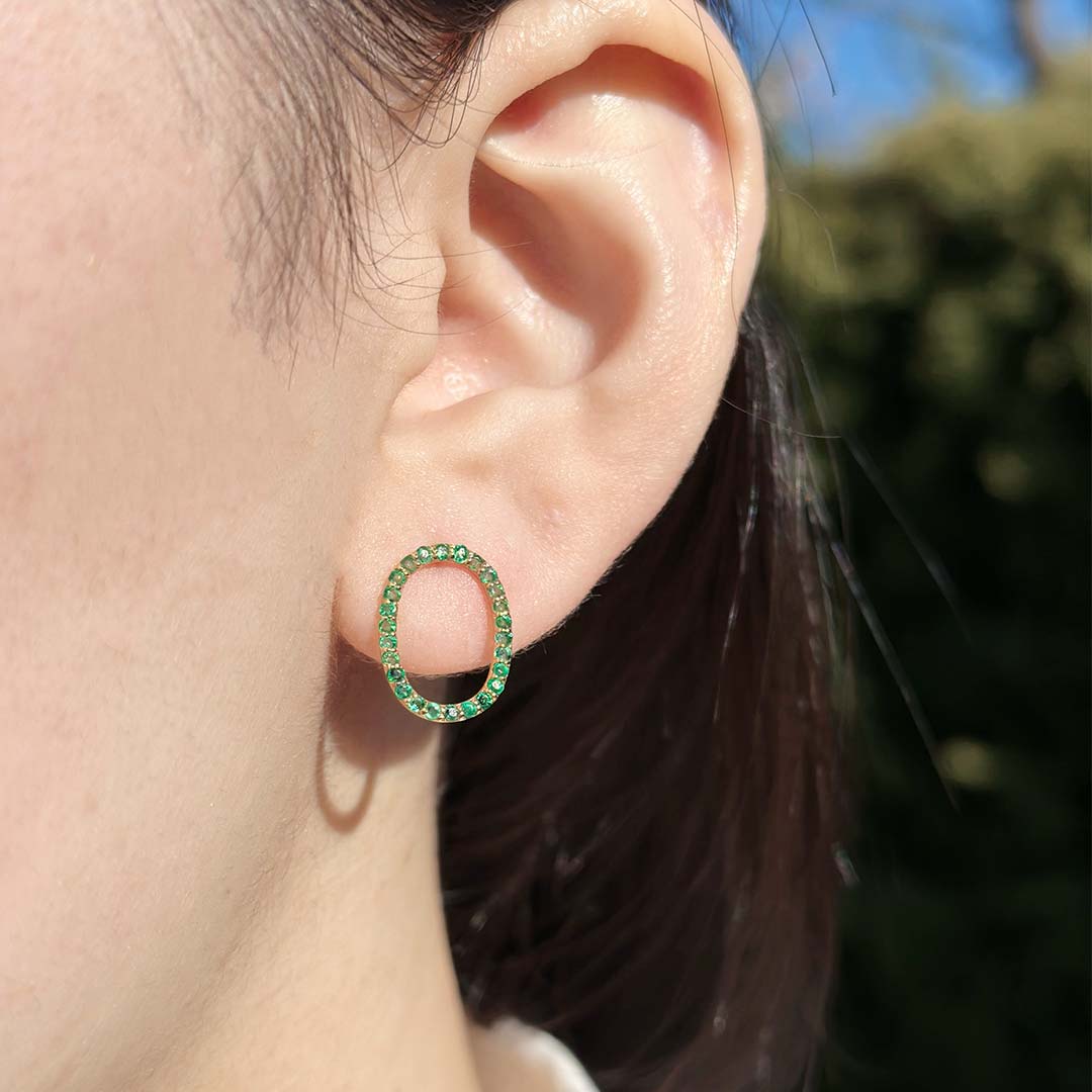 Oval Tennis Gold Emerald Earrings