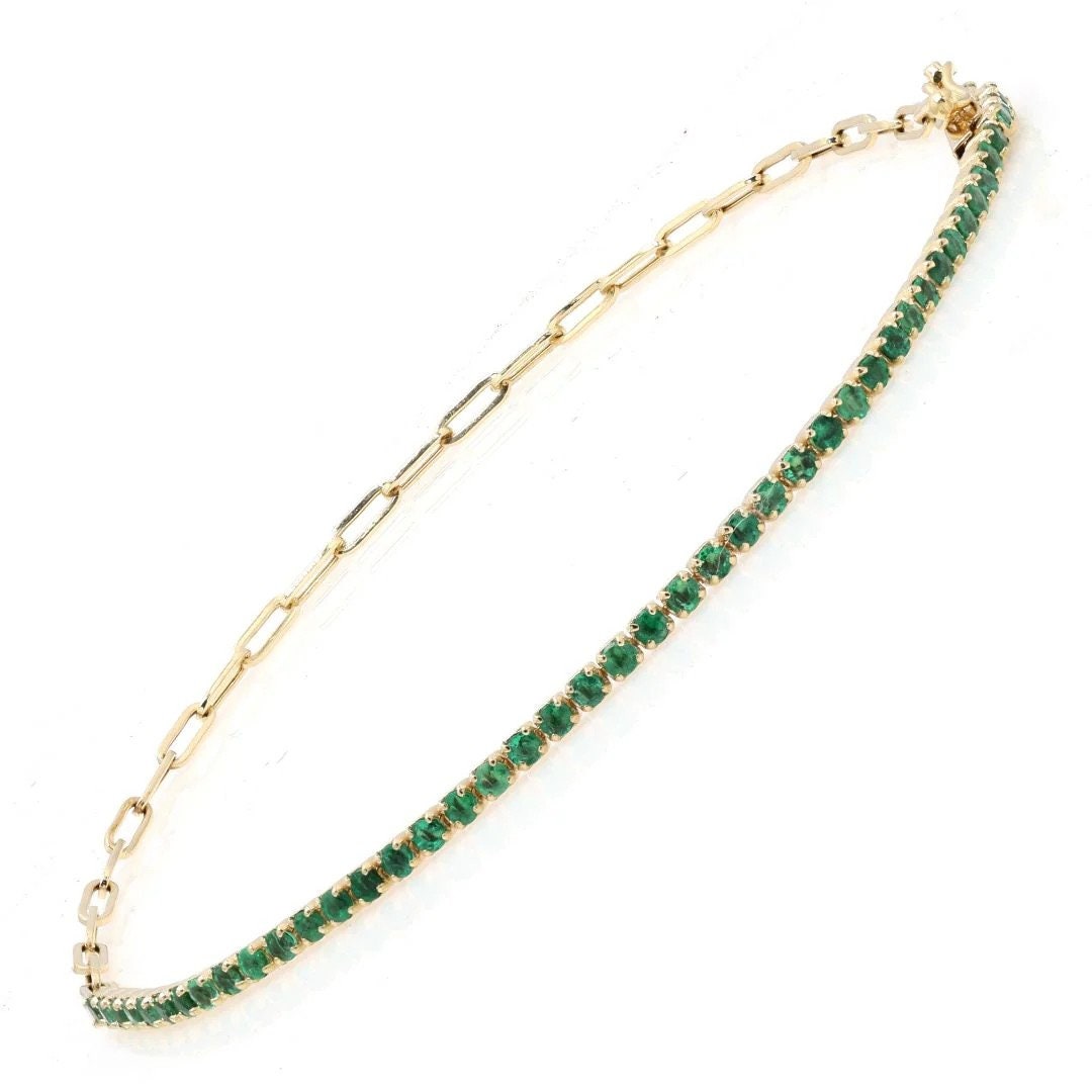18k Emerald Paperclip Bracelet. Natural emeralds. No Plating, solid gold. Half tennis and half paperclip bracelet. Stackable. May Birthstone