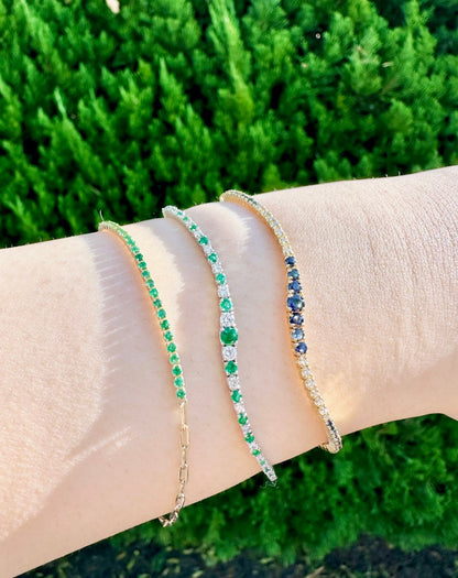 18k Emerald Paperclip Bracelet. Natural emeralds. No Plating, solid gold. Half tennis and half paperclip bracelet. Stackable. May Birthstone