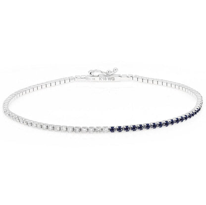 18K White Gold Sapphire & Diamond Tennis Bracelet, Half and Half Blue Sapphire Line Bracelet, Stackable, Luxury Anniversary Gift For Her