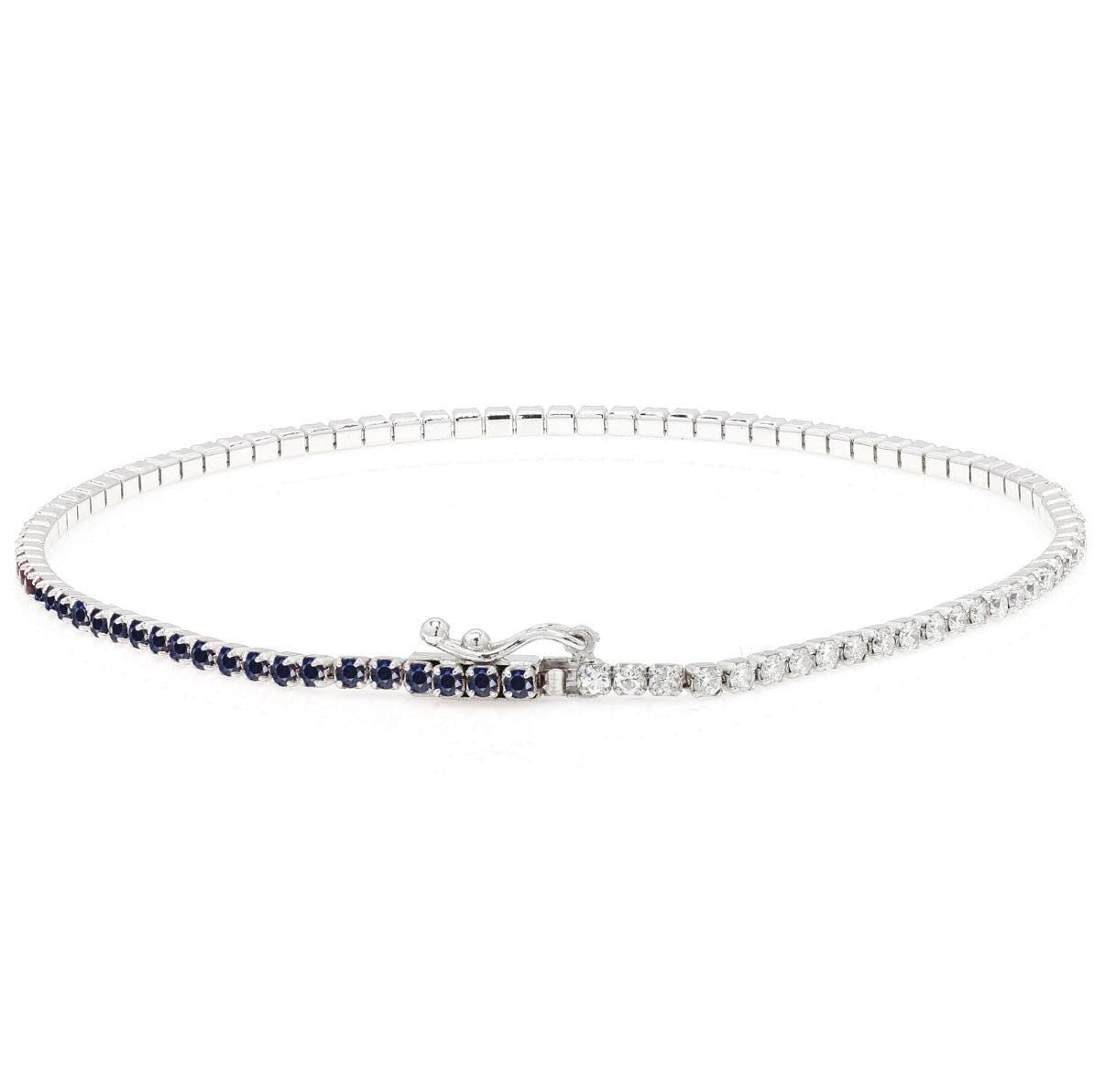 18K White Gold Sapphire & Diamond Tennis Bracelet, Half and Half Blue Sapphire Line Bracelet, Stackable, Luxury Anniversary Gift For Her