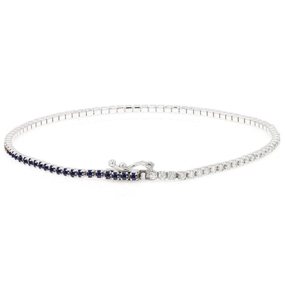 18K White Gold Sapphire & Diamond Tennis Bracelet, Half and Half Blue Sapphire Line Bracelet, Stackable, Luxury Anniversary Gift For Her