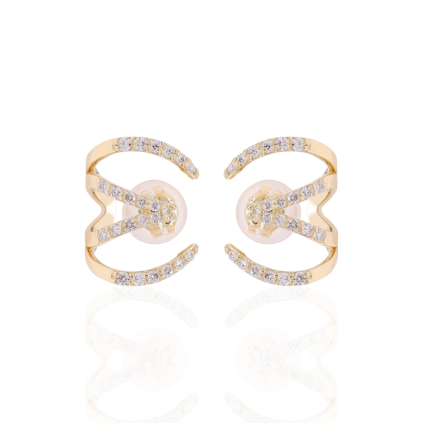 18K Yellow Gold Multi-Row Diamond Claw Earrings, 'E' Design Diamond Earrings, Illusion Layered Ear Wrap Studs, Pave Diamond Cuff Earrings