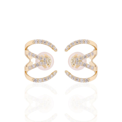 18K Yellow Gold Multi-Row Diamond Claw Earrings, 'E' Design Diamond Earrings, Illusion Layered Ear Wrap Studs, Pave Diamond Cuff Earrings