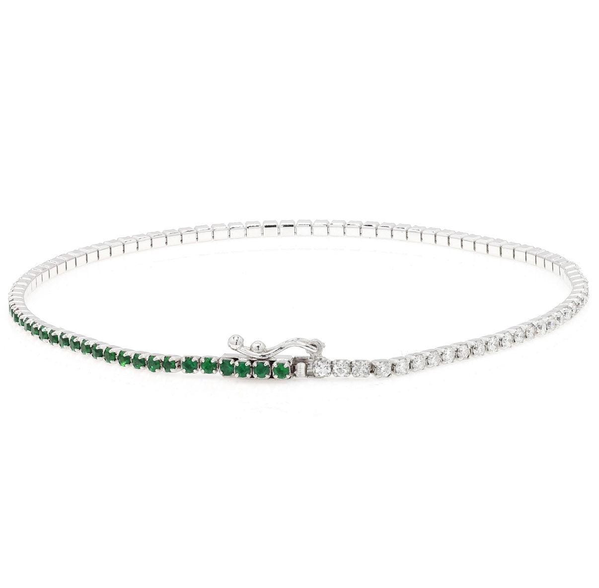 18k Emerald Tennis Bracelet with Natural Diamonds. Solid White Gold. Stackable. No Plating. Half and Half Bracelet. May Birthstone.