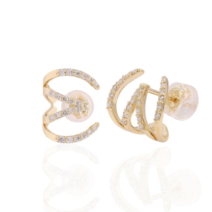 18K Yellow Gold Multi-Row Diamond Claw Earrings, 'E' Design Diamond Earrings, Illusion Layered Ear Wrap Studs, Pave Diamond Cuff Earrings