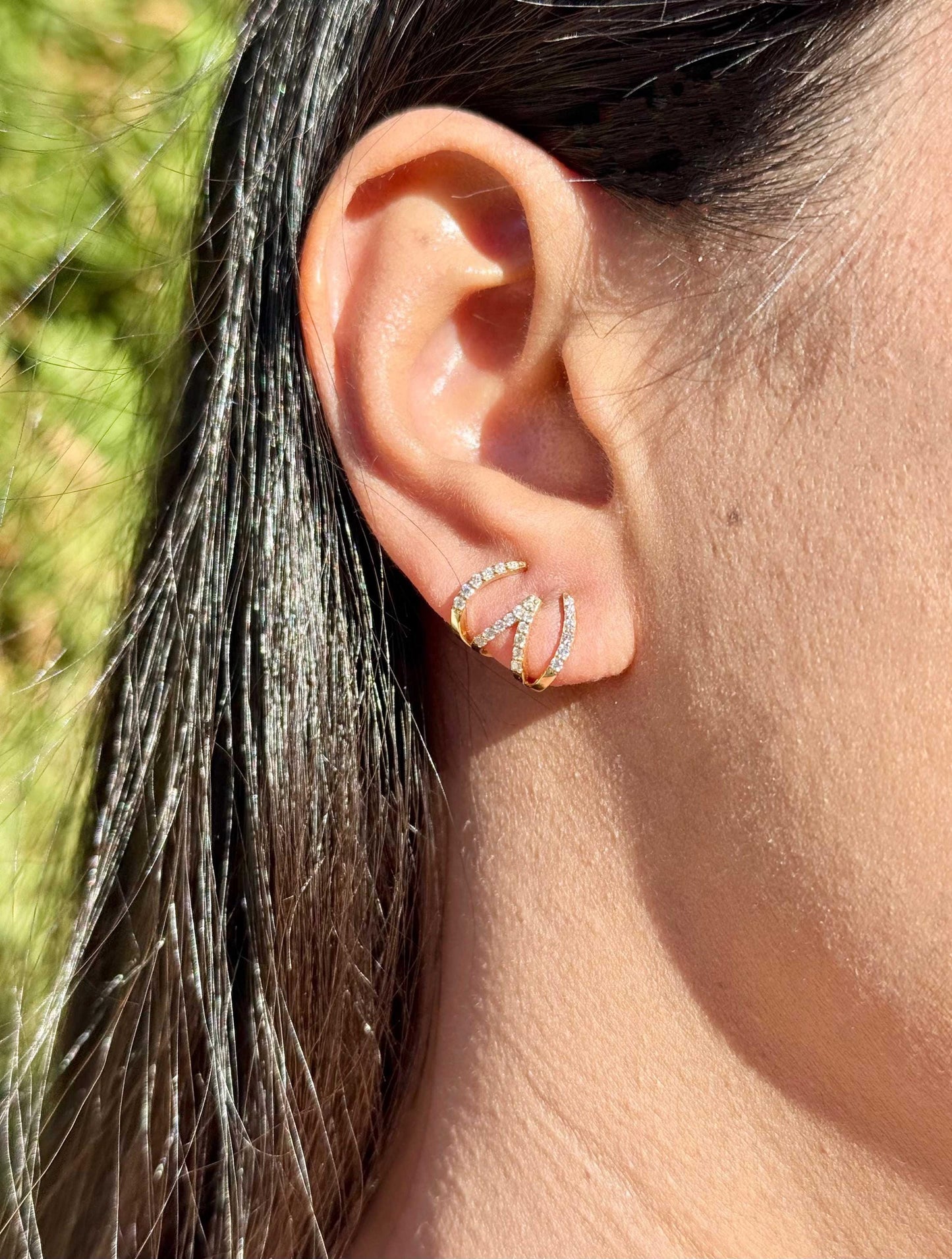 18K Yellow Gold Multi-Row Diamond Claw Earrings, 'E' Design Diamond Earrings, Illusion Layered Ear Wrap Studs, Pave Diamond Cuff Earrings