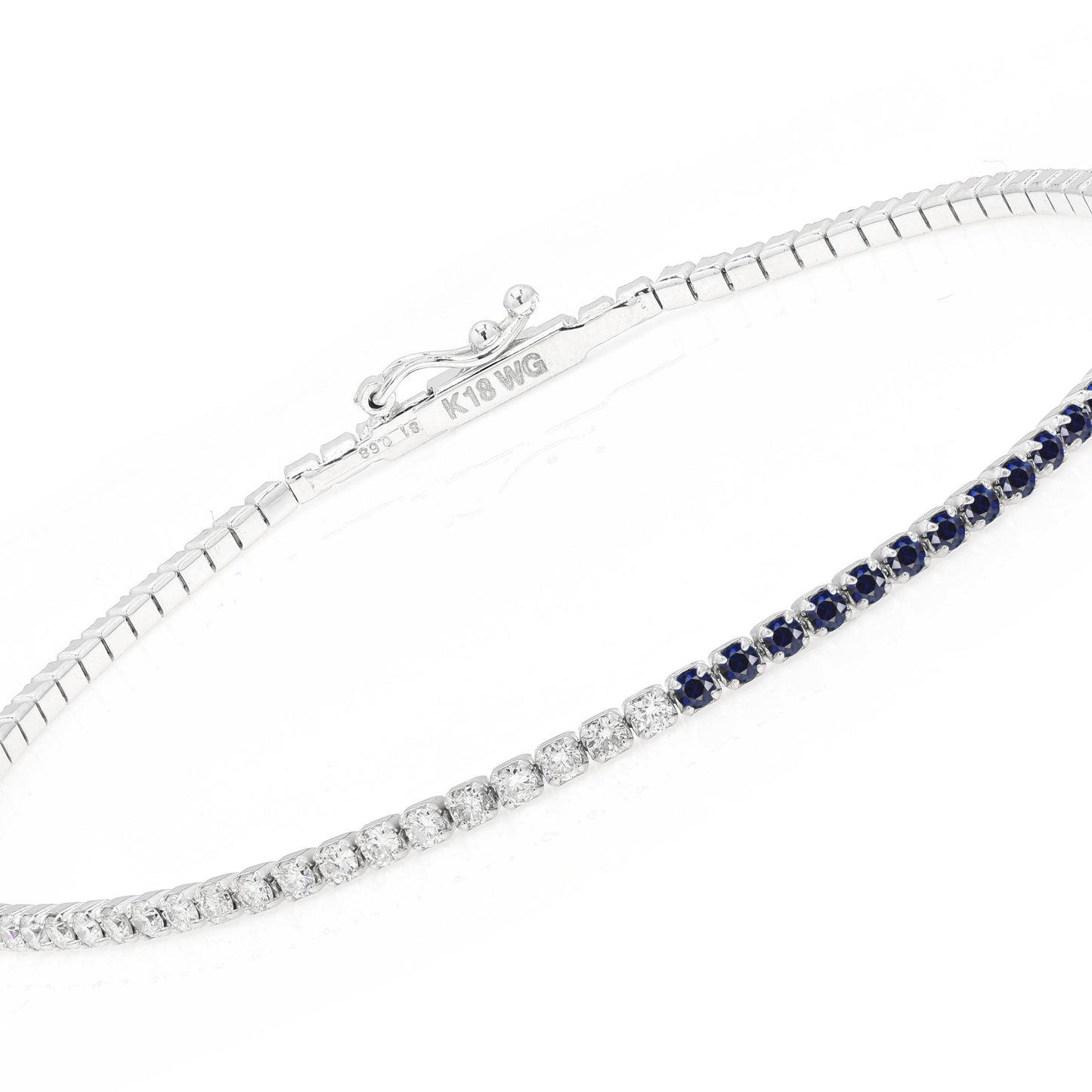 18K White Gold Sapphire & Diamond Tennis Bracelet, Half and Half Blue Sapphire Line Bracelet, Stackable, Luxury Anniversary Gift For Her