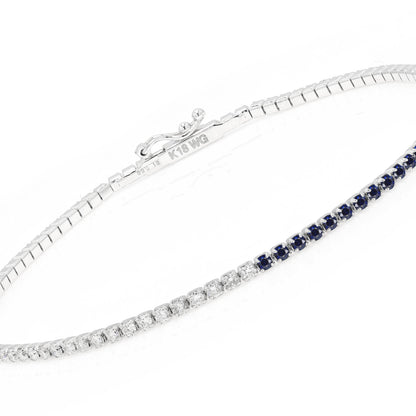 18K White Gold Sapphire & Diamond Tennis Bracelet, Half and Half Blue Sapphire Line Bracelet, Stackable, Luxury Anniversary Gift For Her