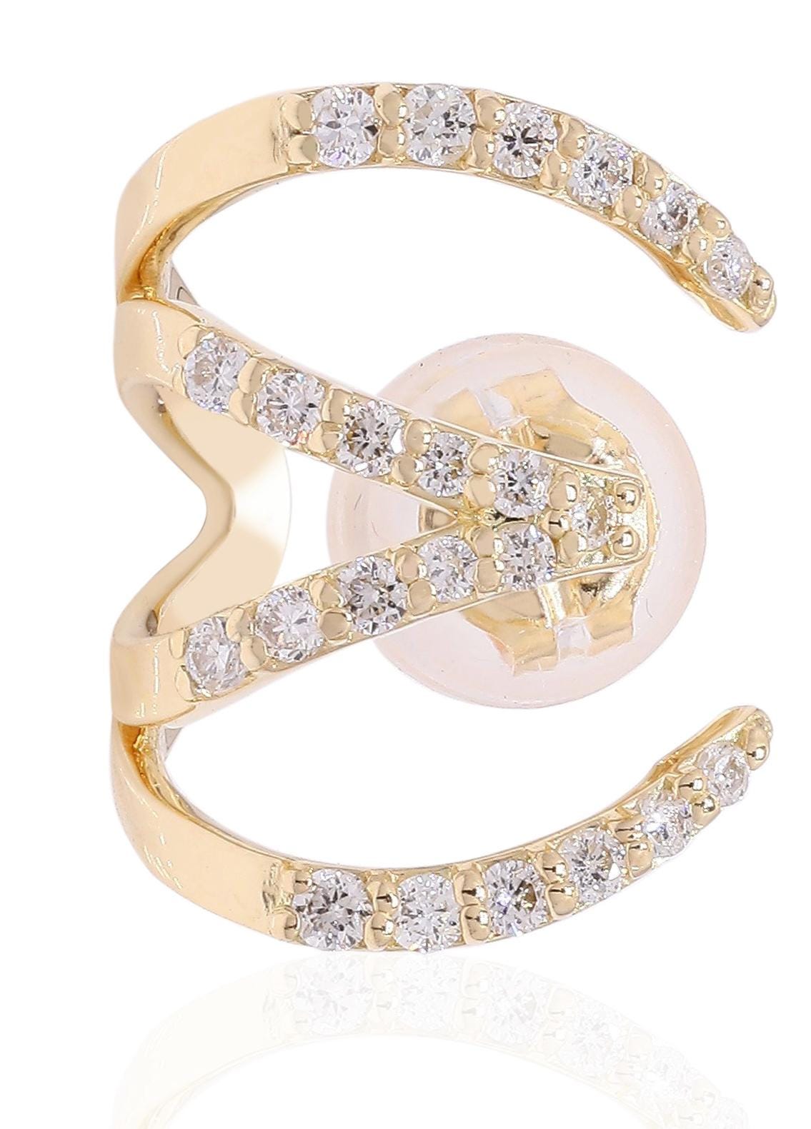 18K Yellow Gold Multi-Row Diamond Claw Earrings, 'E' Design Diamond Earrings, Illusion Layered Ear Wrap Studs, Pave Diamond Cuff Earrings