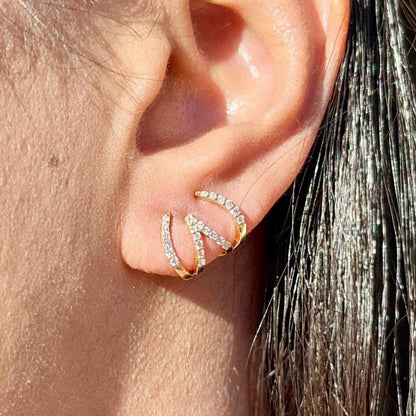 18K Yellow Gold Multi-Row Diamond Claw Earrings, 'E' Design Diamond Earrings, Illusion Layered Ear Wrap Studs, Pave Diamond Cuff Earrings