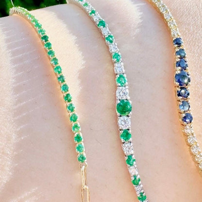 18k Emerald Paperclip Bracelet. Natural emeralds. No Plating, solid gold. Half tennis and half paperclip bracelet. Stackable. May Birthstone