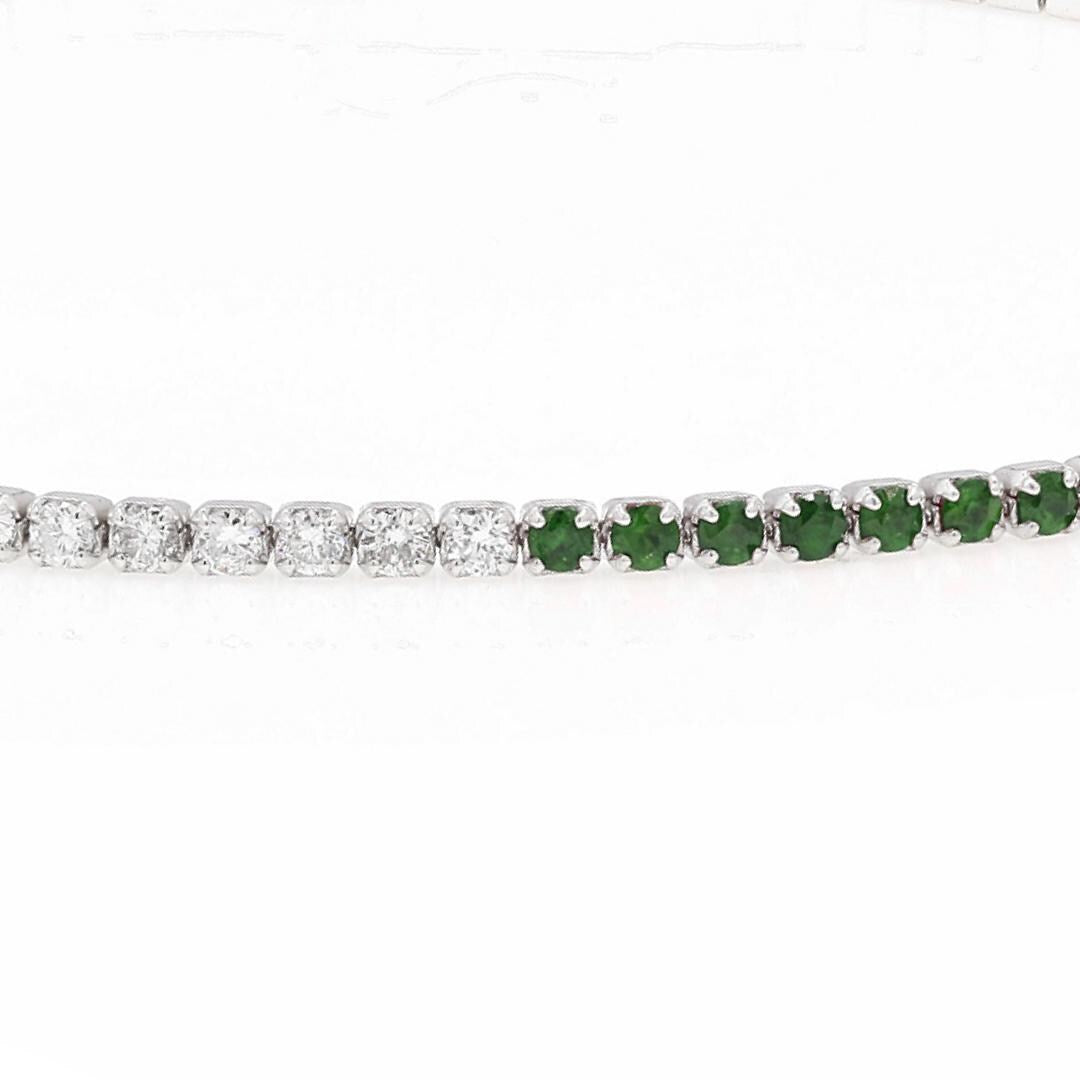 18k Emerald Tennis Bracelet with Natural Diamonds. Solid White Gold. Stackable. No Plating. Half and Half Bracelet. May Birthstone.
