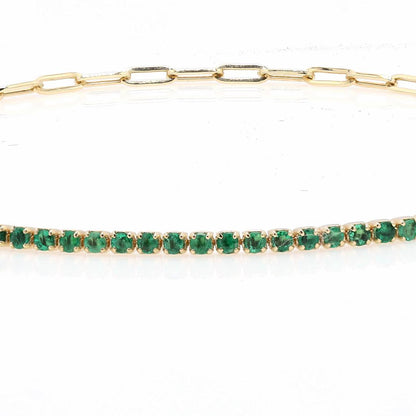 18k Emerald Paperclip Bracelet. Natural emeralds. No Plating, solid gold. Half tennis and half paperclip bracelet. Stackable. May Birthstone