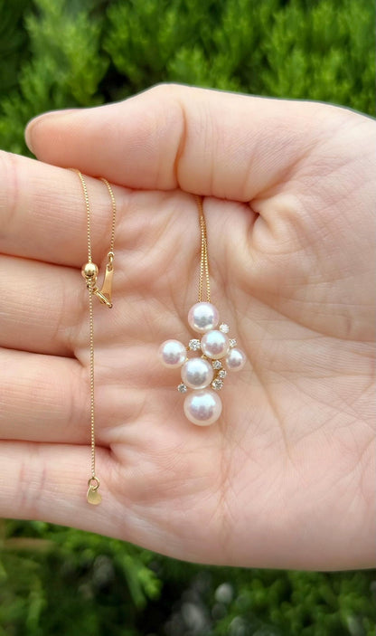 18K Yellow Gold Akoya Pearl Cluster Pendant, Necklace for Bride, June Birthstone Jewelry, Wedding & Anniversary Necklace