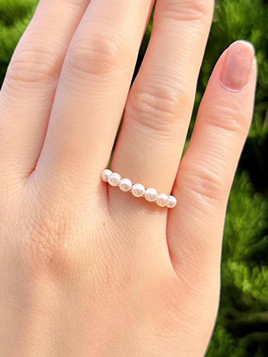 18K Yellow Gold Ocean's Seven Pearl Ring. June Birthstone Ring, Elegant Bridal Jewelry Gift, Wedding Diamond Ring For Her, Jewelry For Mom