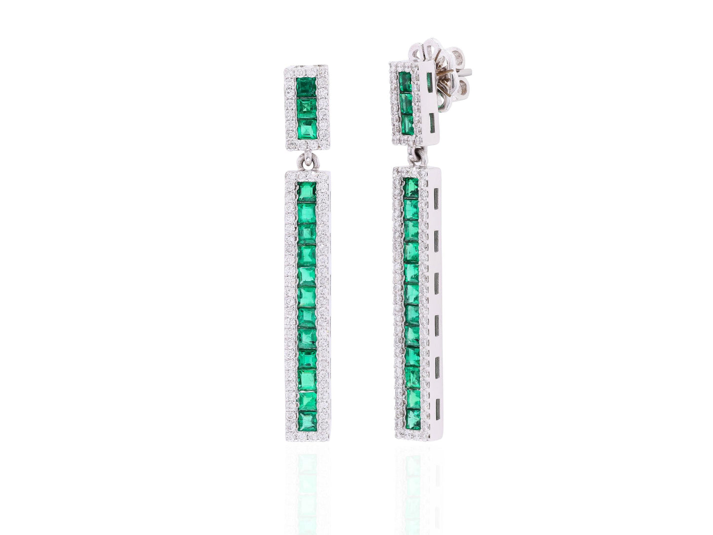 18K Solid White Gold Emerald Drop Earrings with Natural Diamonds - Diamond Halo Linear Earrings, May Birthstone Earrings, Christmas Gift