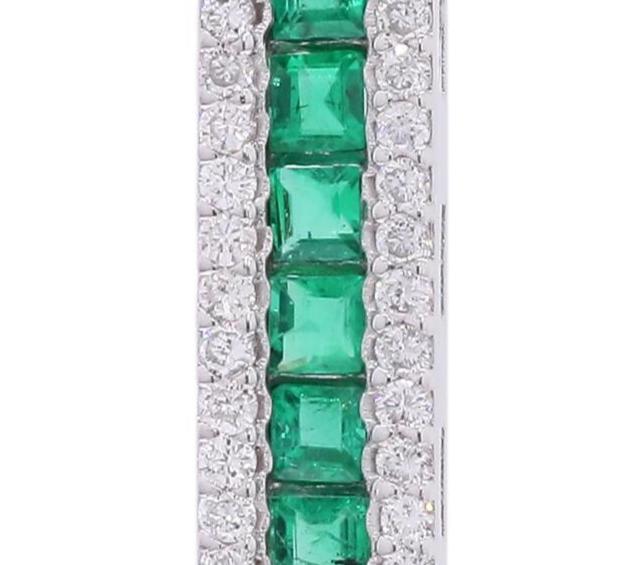 18K Solid White Gold Emerald Drop Earrings with Natural Diamonds - Diamond Halo Linear Earrings, May Birthstone Earrings, Christmas Gift