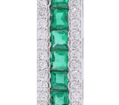 18K Solid White Gold Emerald Drop Earrings with Natural Diamonds - Diamond Halo Linear Earrings, May Birthstone Earrings, Christmas Gift