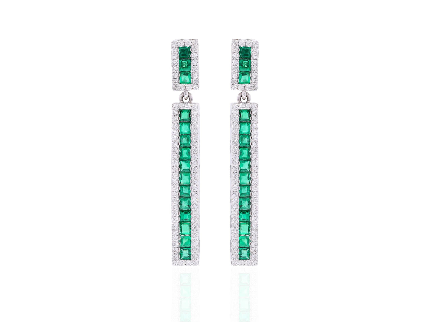 18K Solid White Gold Emerald Drop Earrings with Natural Diamonds - Diamond Halo Linear Earrings, May Birthstone Earrings, Christmas Gift