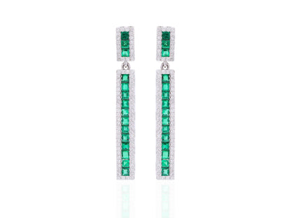 18K Solid White Gold Emerald Drop Earrings with Natural Diamonds - Diamond Halo Linear Earrings, May Birthstone Earrings, Christmas Gift