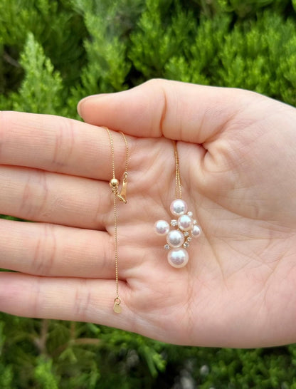 18K Yellow Gold Akoya Pearl Cluster Pendant, Necklace for Bride, June Birthstone Jewelry, Wedding & Anniversary Necklace