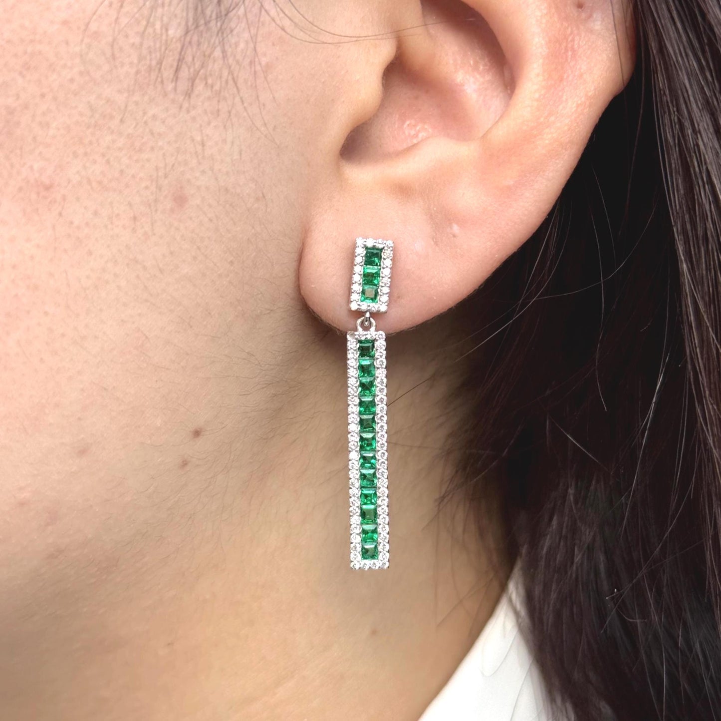 18K Solid White Gold Emerald Drop Earrings with Natural Diamonds - Diamond Halo Linear Earrings, May Birthstone Earrings, Christmas Gift