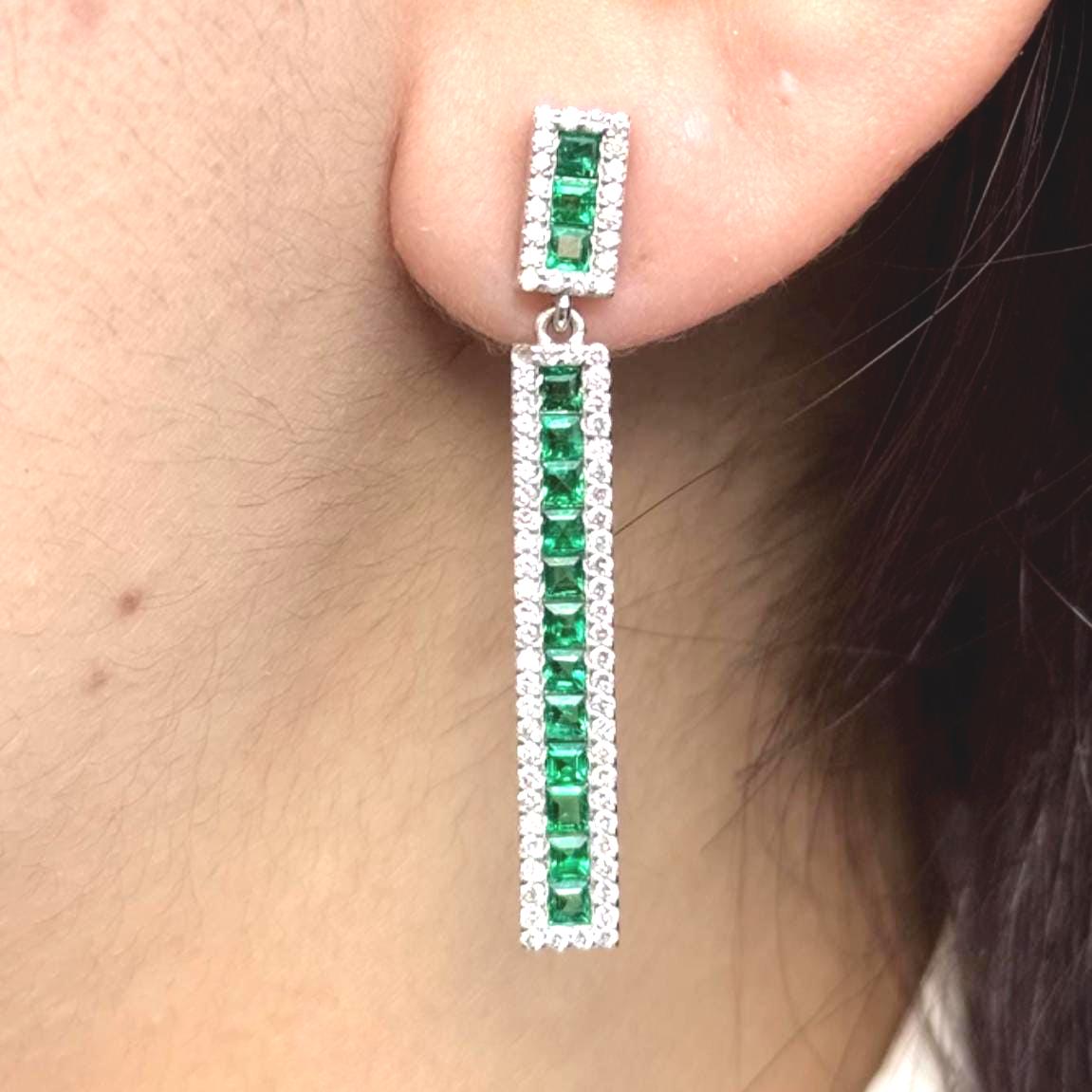18K Solid White Gold Emerald Drop Earrings with Natural Diamonds - Diamond Halo Linear Earrings, May Birthstone Earrings, Christmas Gift