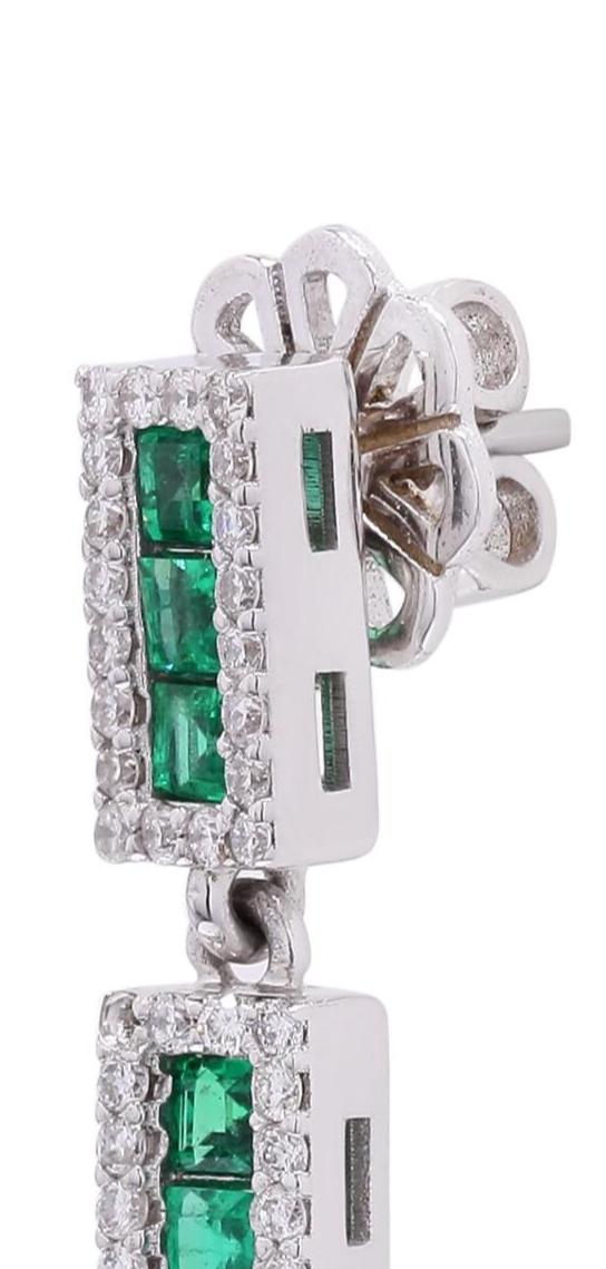 18K Solid White Gold Emerald Drop Earrings with Natural Diamonds - Diamond Halo Linear Earrings, May Birthstone Earrings, Christmas Gift