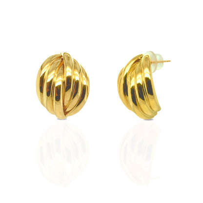 18K Yellow Gold Stud Earrings, Ribbed Dome Studs, Not Plated, Not Coated, Vintage-Style Earrings. Luxury Jewelry Gift. Statement Earrings.
