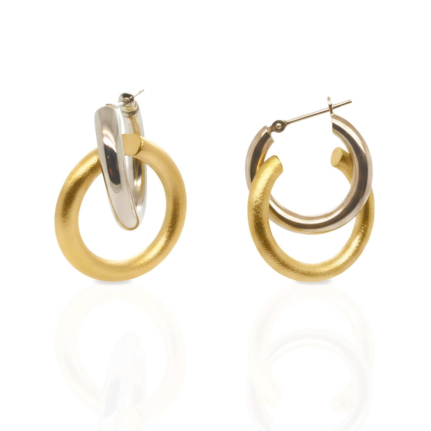 18K Yellow Gold and Platinum Double Hoop Earrings, Mixed Metal - Matte Gold & Platinum -No Plating or Coating, Luxury Jewelry Gift for Her.