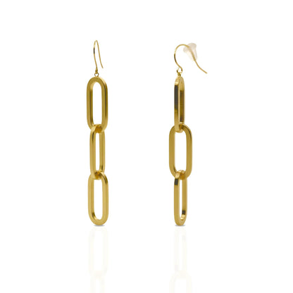 18K Yellow Gold Chain Link Drop, Real Gold 3-Paperclip Earrings, No Plating or Coating. Luxury Jewelry Gift for Daughter. Statement Earrings