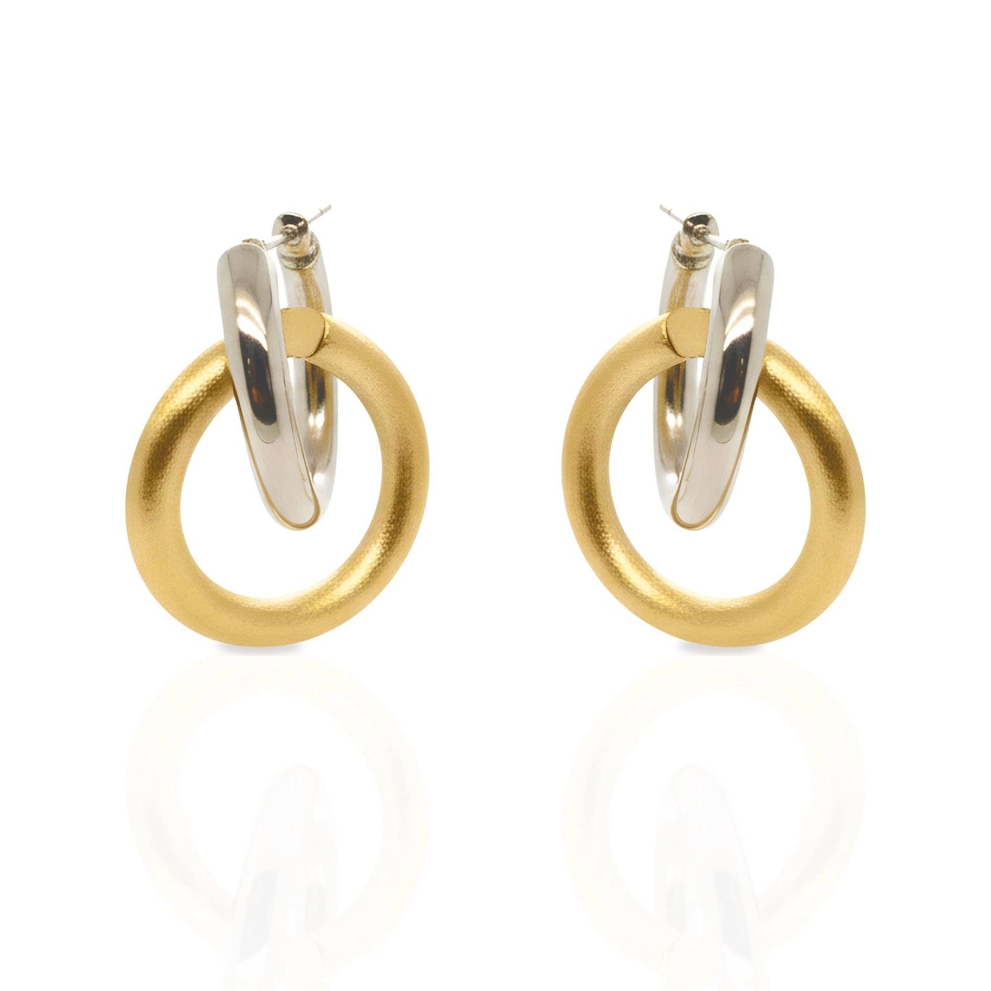 18K Yellow Gold and Platinum Double Hoop Earrings, Mixed Metal - Matte Gold & Platinum -No Plating or Coating, Luxury Jewelry Gift for Her.