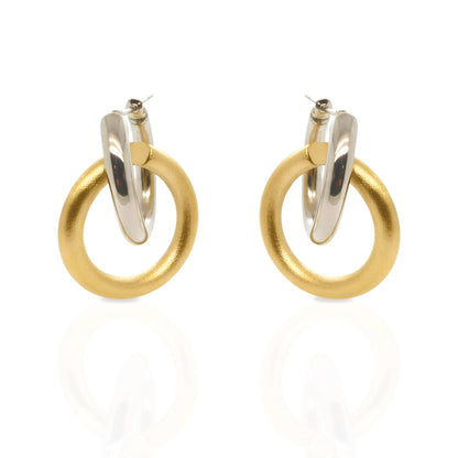 18K Yellow Gold and Platinum Double Hoop Earrings, Mixed Metal - Matte Gold & Platinum -No Plating or Coating, Luxury Jewelry Gift for Her.