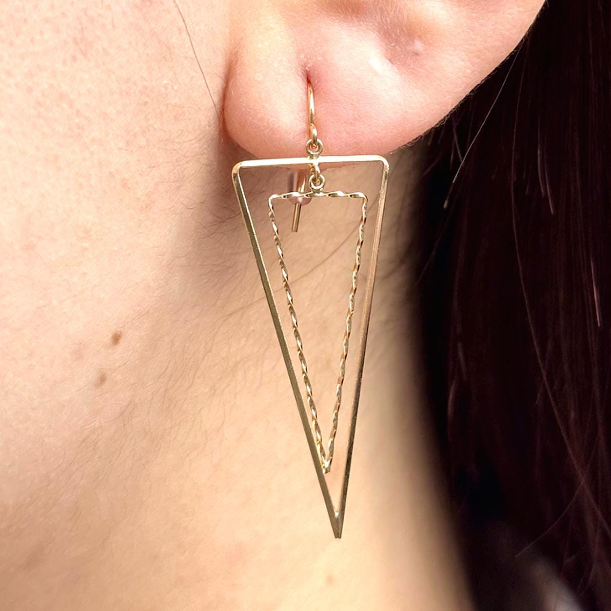18K Yellow Gold Triangle Dangle Earrings, Minimalist Geometric Drop Earrings, No Plating or Coating. Gift for Mothers Day. Bridal Jewelry