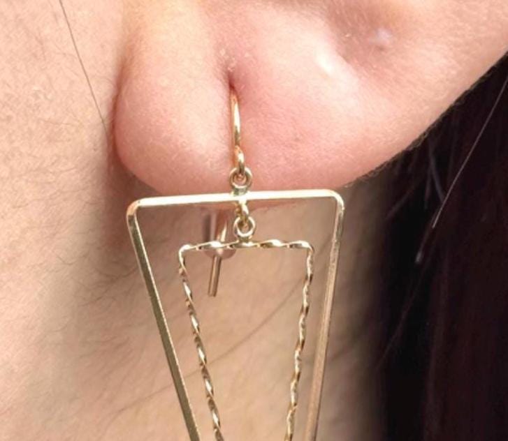 18K Yellow Gold Triangle Dangle Earrings, Minimalist Geometric Drop Earrings, No Plating or Coating. Gift for Mothers Day. Bridal Jewelry