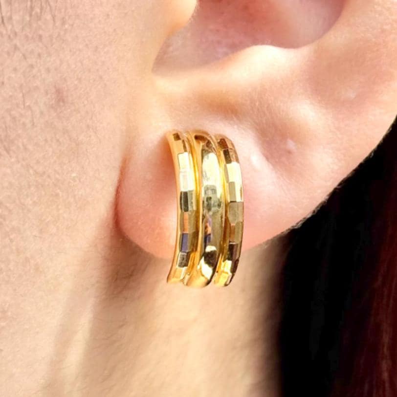 18K Yellow Gold Triple-Band Hoop-Style Earrings, Not Plated or Filled; Luxury Jewelry for Her. Mothers Day Gift for Mom