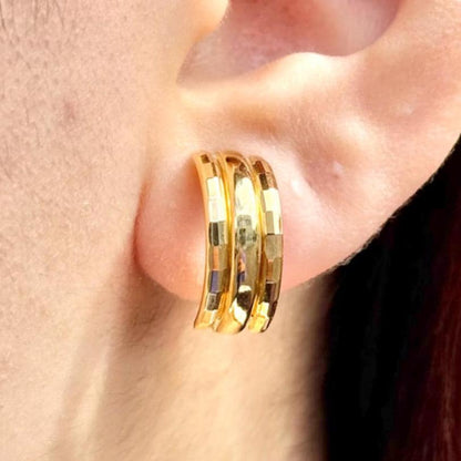 18K Yellow Gold Triple-Band Hoop-Style Earrings, Not Plated or Filled; Luxury Jewelry for Her. Mothers Day Gift for Mom