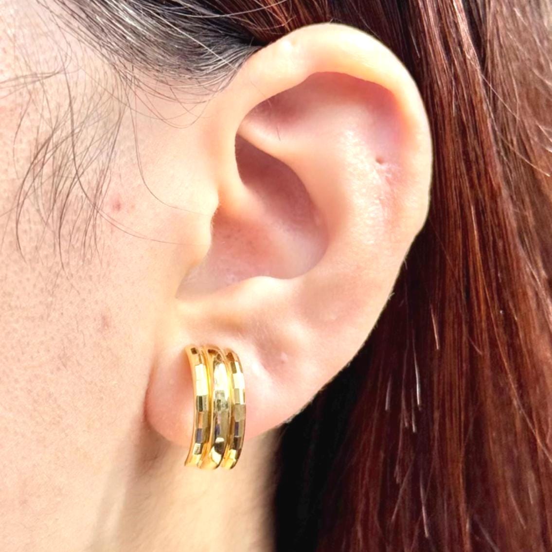 18K Yellow Gold Triple-Band Hoop-Style Earrings, Not Plated or Filled; Luxury Jewelry for Her. Mothers Day Gift for Mom
