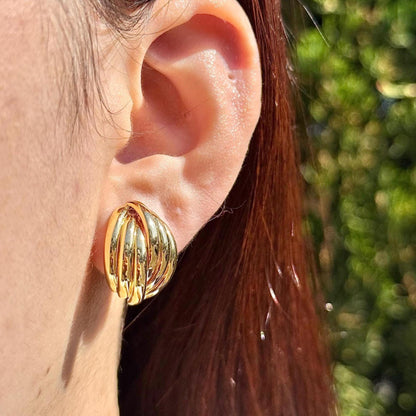 18K Yellow Gold Stud Earrings, Ribbed Dome Studs, Not Plated, Not Coated, Vintage-Style Earrings. Luxury Jewelry Gift. Statement Earrings.