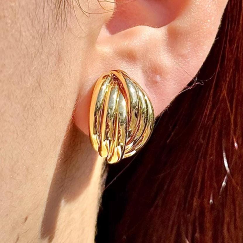18K Yellow Gold Stud Earrings, Ribbed Dome Studs, Not Plated, Not Coated, Vintage-Style Earrings. Luxury Jewelry Gift. Statement Earrings.