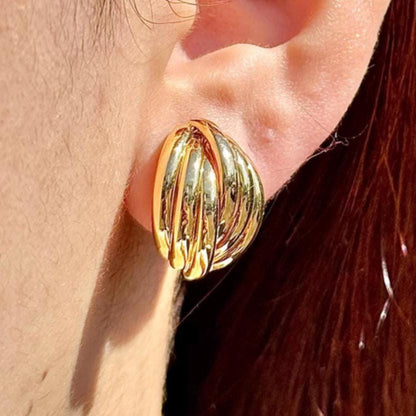 18K Yellow Gold Stud Earrings, Ribbed Dome Studs, Not Plated, Not Coated, Vintage-Style Earrings. Luxury Jewelry Gift. Statement Earrings.