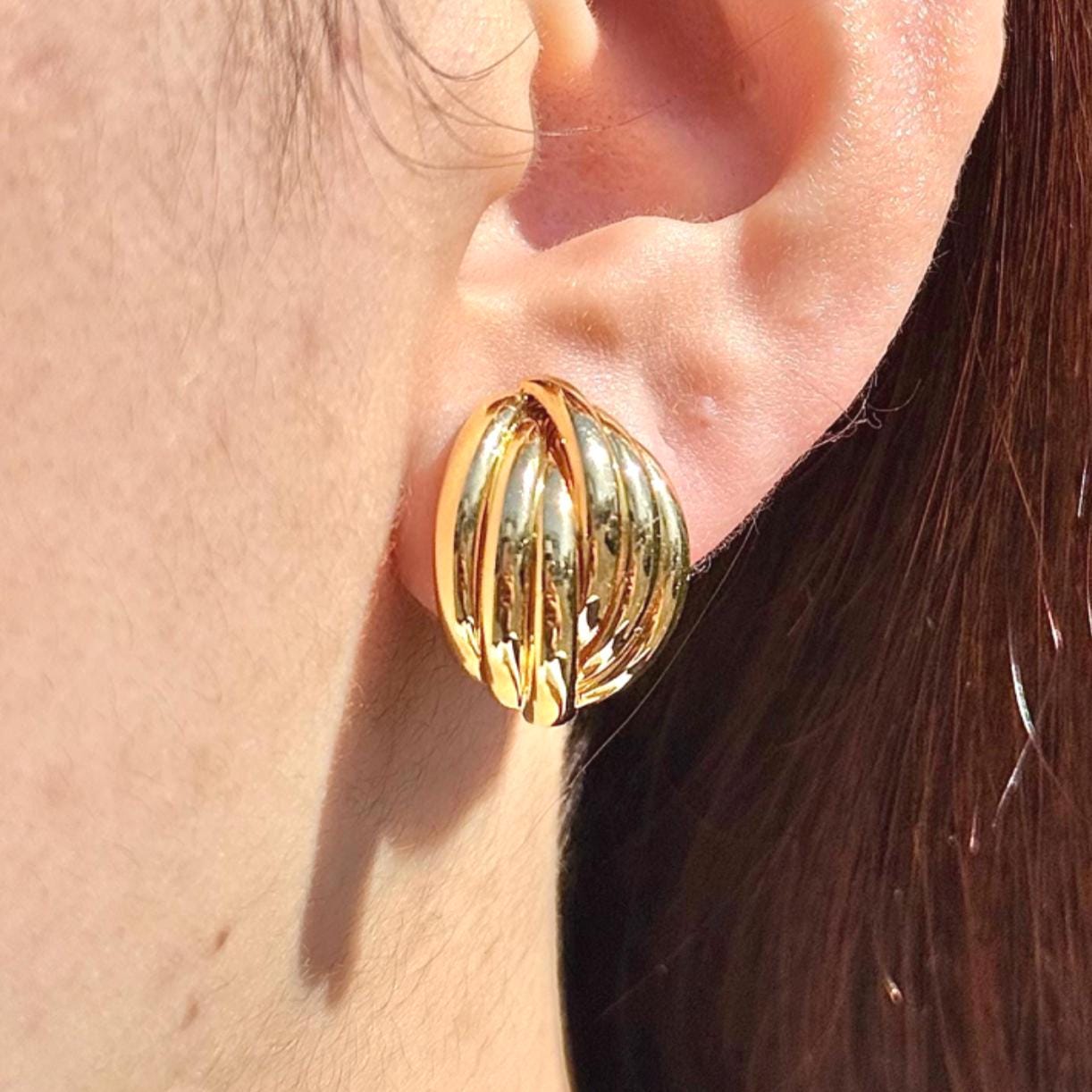 18K Yellow Gold Stud Earrings, Ribbed Dome Studs, Not Plated, Not Coated, Vintage-Style Earrings. Luxury Jewelry Gift. Statement Earrings.