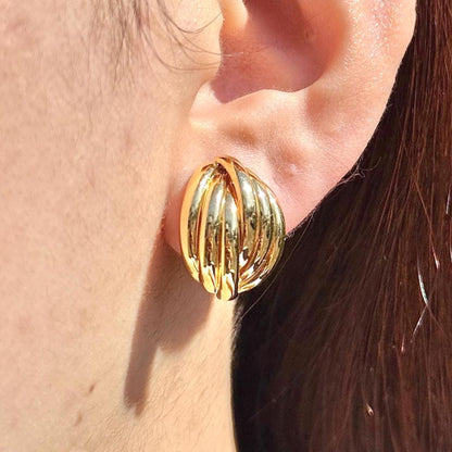 18K Yellow Gold Stud Earrings, Ribbed Dome Studs, Not Plated, Not Coated, Vintage-Style Earrings. Luxury Jewelry Gift. Statement Earrings.