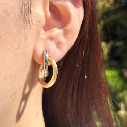 18K Yellow Gold and Platinum Double Hoop Earrings, Mixed Metal - Matte Gold & Platinum -No Plating or Coating, Luxury Jewelry Gift for Her.