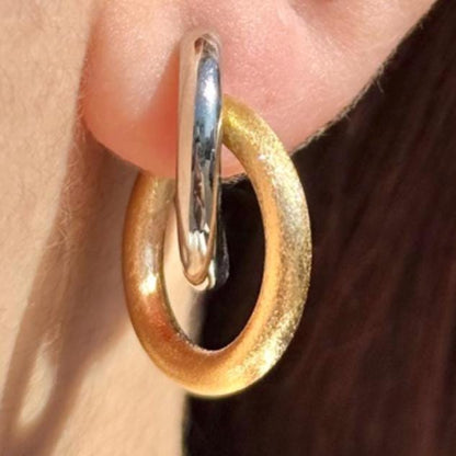 18K Yellow Gold and Platinum Double Hoop Earrings, Mixed Metal - Matte Gold & Platinum -No Plating or Coating, Luxury Jewelry Gift for Her.