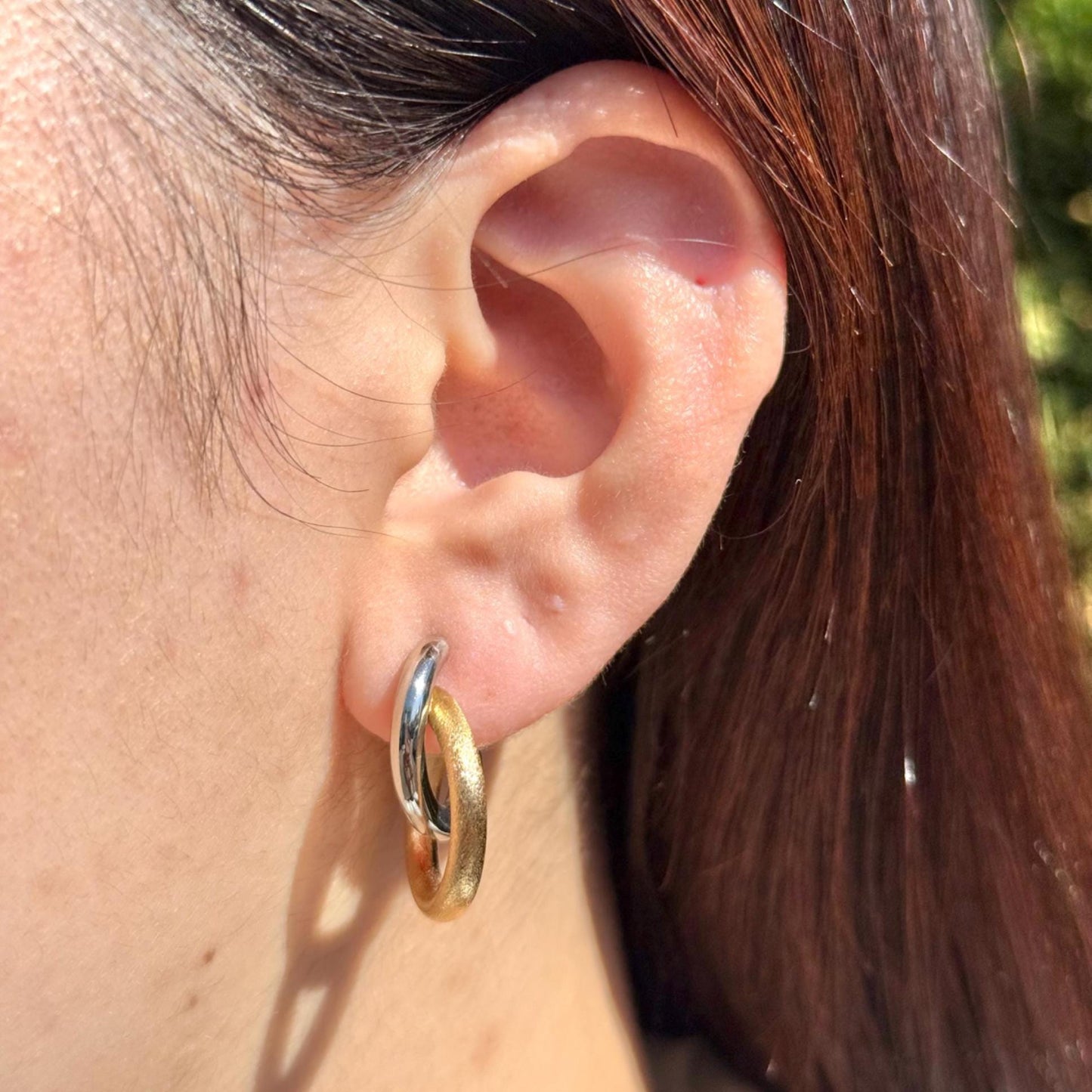 18K Yellow Gold and Platinum Double Hoop Earrings, Mixed Metal - Matte Gold & Platinum -No Plating or Coating, Luxury Jewelry Gift for Her.