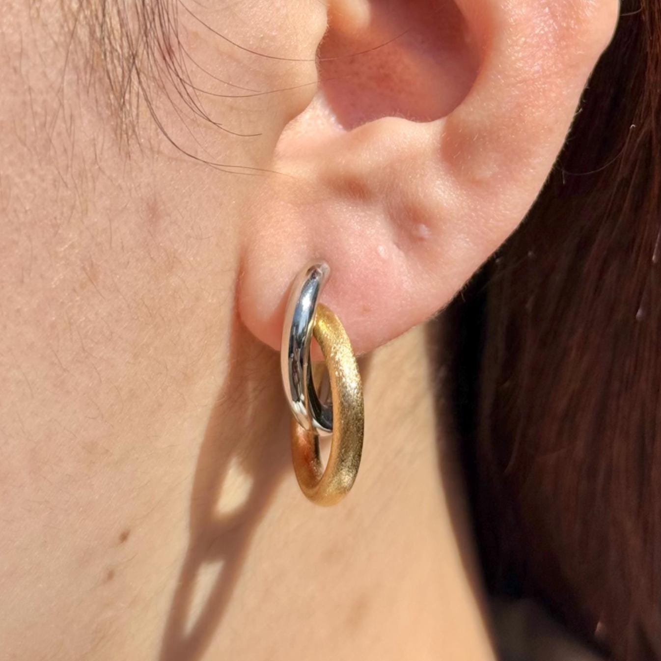 18K Yellow Gold and Platinum Double Hoop Earrings, Mixed Metal - Matte Gold & Platinum -No Plating or Coating, Luxury Jewelry Gift for Her.