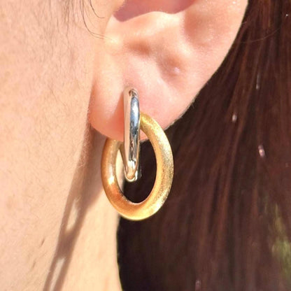 18K Yellow Gold and Platinum Double Hoop Earrings, Mixed Metal - Matte Gold & Platinum -No Plating or Coating, Luxury Jewelry Gift for Her.