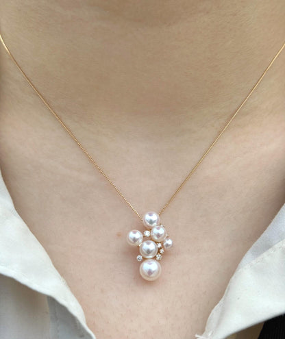 18K Yellow Gold Akoya Pearl Cluster Pendant, Necklace for Bride, June Birthstone Jewelry, Wedding & Anniversary Necklace
